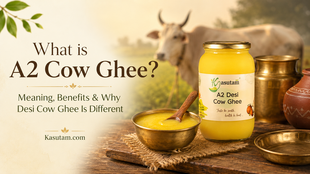 Kasutam A2 Desi Cow Ghee jar with desi cow, brass bowl, and traditional Indian kitchen setup