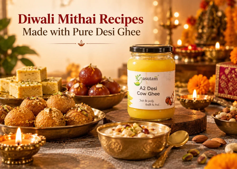 Besan laddoo, moong dal halwa and gond laddoo made with pure desi ghee for Diwali