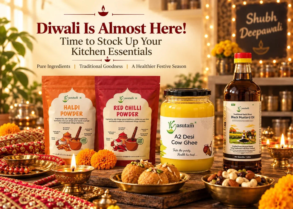Pure desi ghee, cold-pressed mustard oil, red chilli powder and turmeric for Diwali cooking