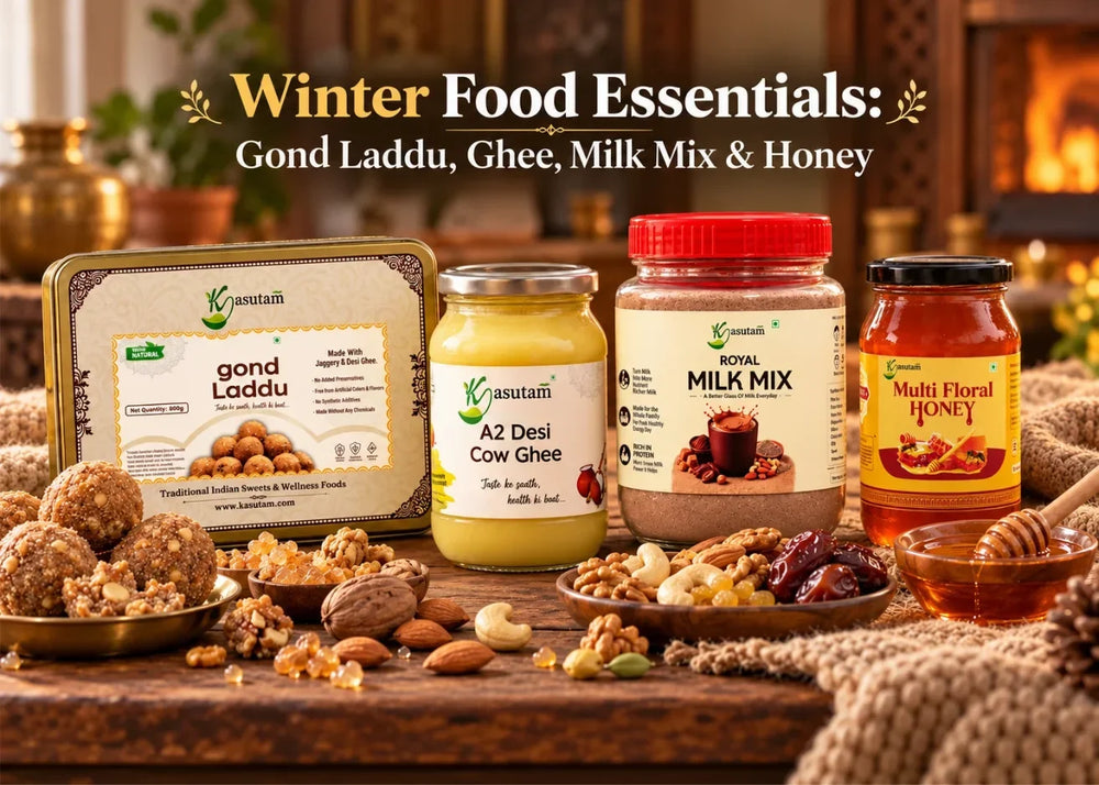 Gond laddu, A2 desi cow ghee, royal milk mix and raw honey as traditional Indian winter foods