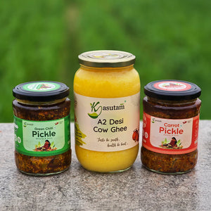 Combo: 1L A2 Bilona Ghee + 500gm Carrot Pickle + 500gm Green Chilli Pickle