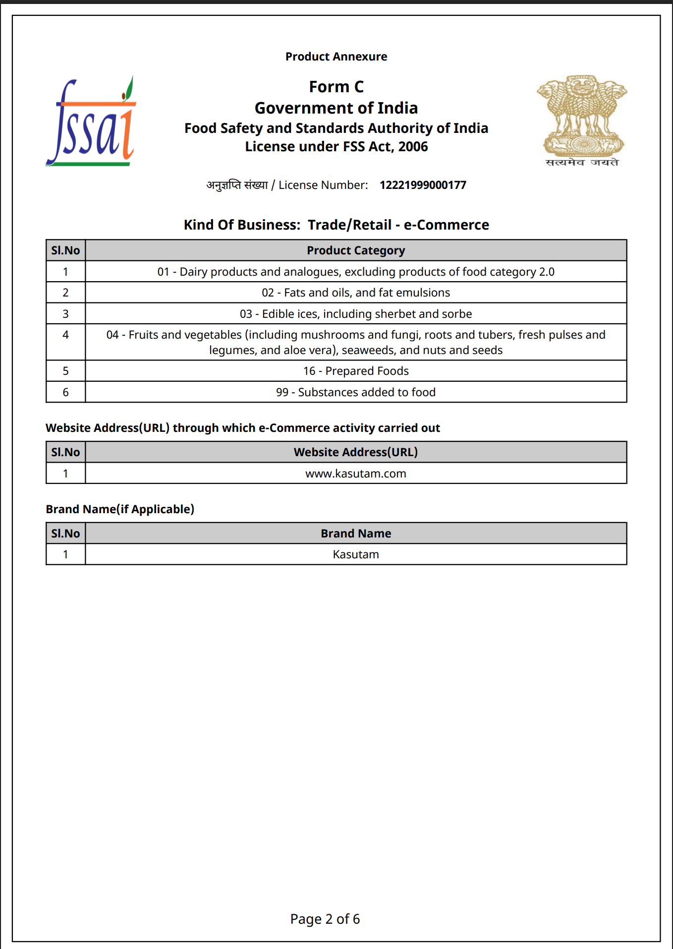 FSSAI certificate page 2