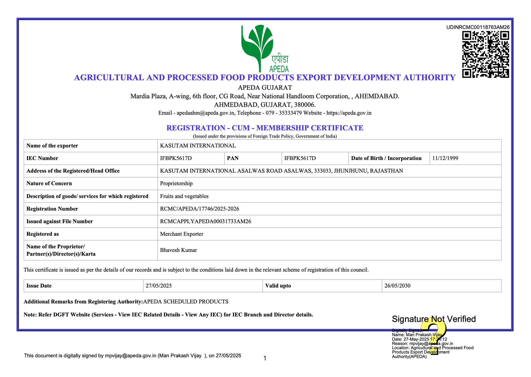 APEDA certificate page 1