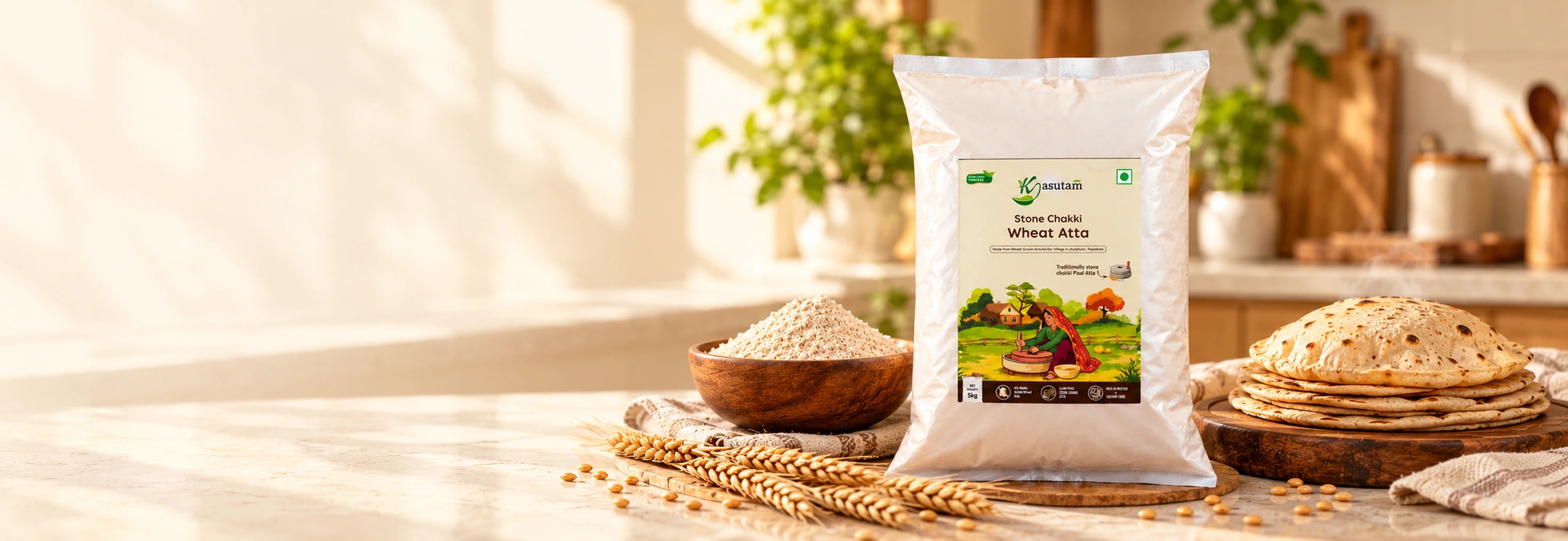 Kasutam Stone Chakki Wheat Atta with fresh homemade rotis, wheat and a bowl of atta in a sunlit kitchen