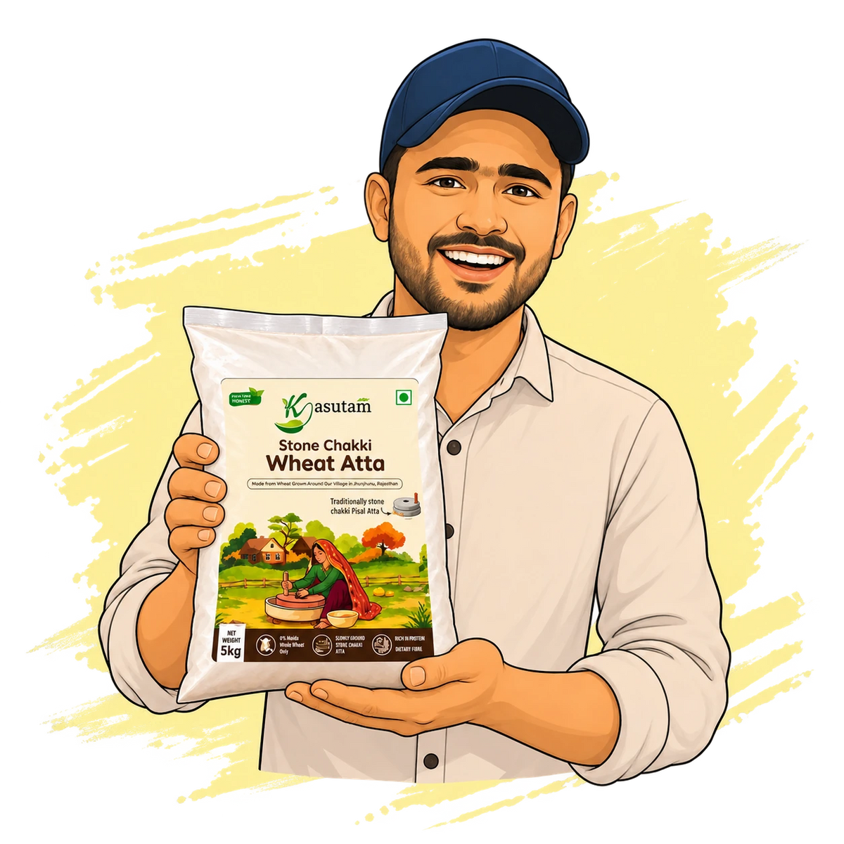 Kasutam mascot holding Stone Chakki Wheat Atta